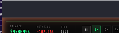 Economy bar showing balance, revenue per tick, and game speed controls