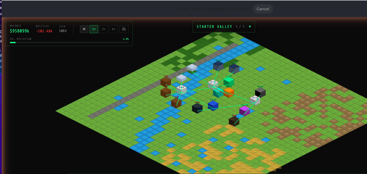 GridSim field view showing isometric power grid with generators, transmission lines, and load centers