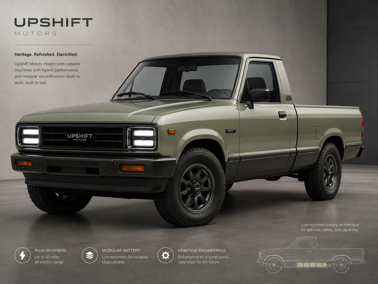 Retro-modern UpShift concept pickup in a studio with battery architecture callout
