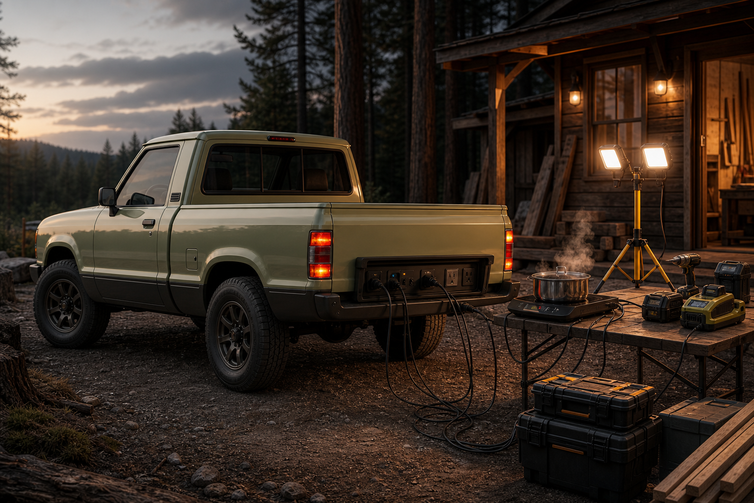 Technical cutaway infographic of hybrid retrofit architecture for an older pickup