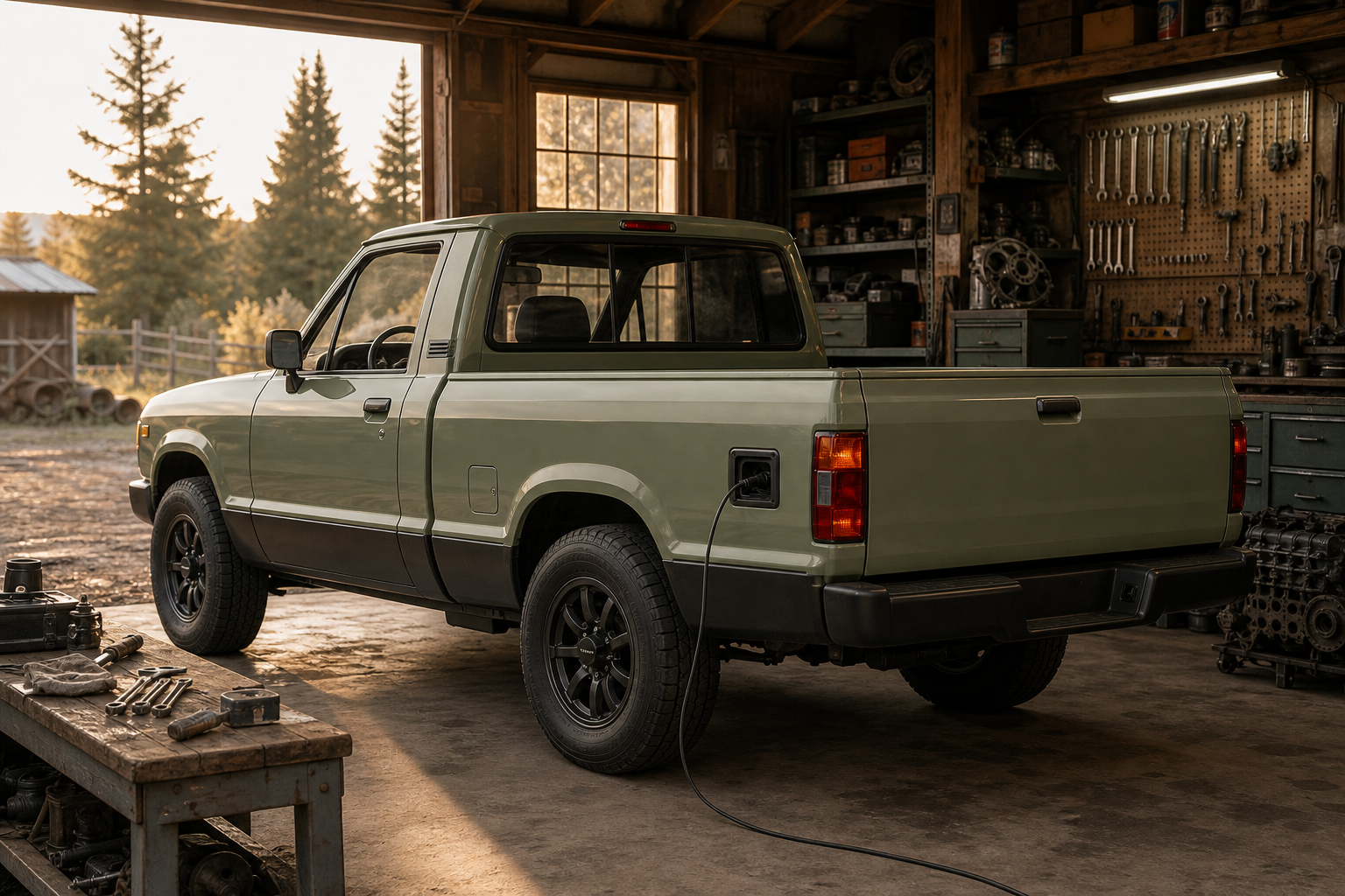 Older utility pickup renewed in a practical rural workshop with a simple modest charge port
